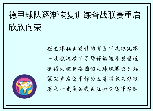 德甲球队逐渐恢复训练备战联赛重启欣欣向荣