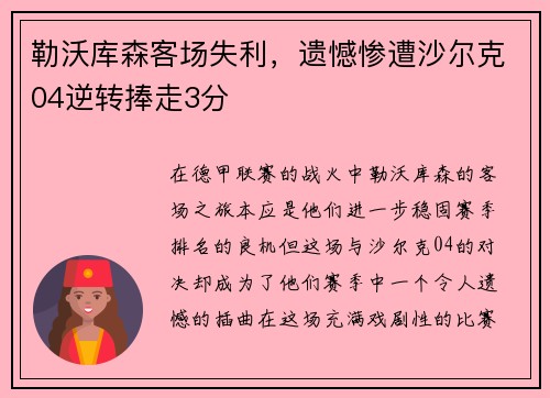 勒沃库森客场失利，遗憾惨遭沙尔克04逆转捧走3分