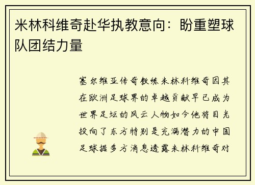 米林科维奇赴华执教意向：盼重塑球队团结力量
